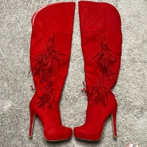 JustFab- SZ 8 Bright Red Platform High Heeled Tassel Boot